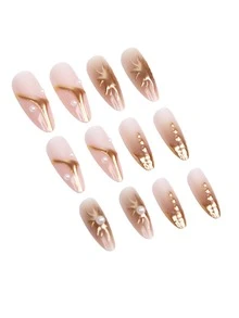 24pcs Almond-Shaped Ombre Brown Medium Length False Nails Set, Decorated With Gold Foil Sunshine And Asymmetrical Line Designs, Accented With Elegant Pearls And Rhinestones - Gold - View 5