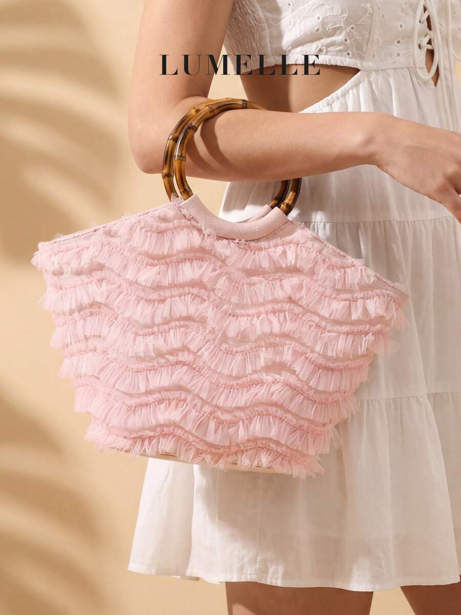 Women's Sweet Pink Ruffled Tulle Bamboo Handle Mini Tote Bag, Summer Fairy Style Vacation Top Handle Handbag - Pink - View 1