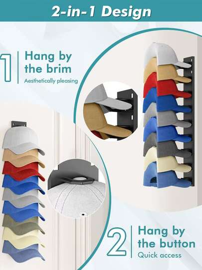 2 piezas Soporte de gorra de béisbol de dos colores, Caja de almacenamiento de sombreros de varias capas, Soporte de exhibición de plástico portátil, Ahorro de espacio, Estante de pared para gorras, Adhesivo fuerte, Se ajusta a la puerta y el armario, Sostiene hasta 9 gorras