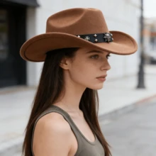 Retro Cowgirl Hat For Women Men Solid Color Wide Brim Western Cap With Rivet Cross Leather Belt - Khaki - View 6