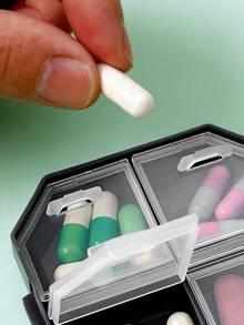 1个便携式药盒，印有字母和医学图标，小巧的急救盒，6格胶囊收纳盒，旅行药盒 - 多色 - 查看 8