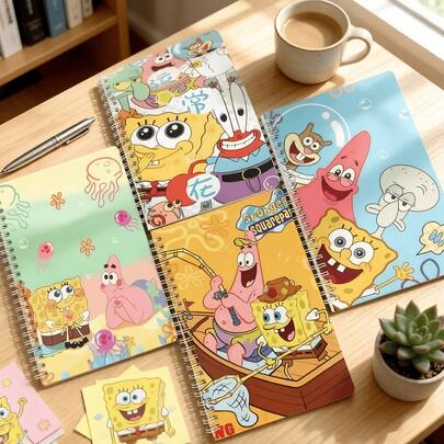SpongeBob SquarePants 4本/套 可爱便捷的5A方块裤主题笔记本，120页螺旋装订卡通便签本，适用于节日、生日、记账等用途，也可用于工作、学习，是送给女性的理想礼物。随机图案颜色和款式，适合专卖店、毕业典礼、返校季等场合。