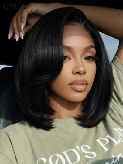 UNice Bye-Bye Slip™ 7x5 Lace Side Part Layered Wig With Side-Swept Bangs With Invisible Drawstring 150% Density Side Part Short Bob Wig Human Hair With Blow Out Layered Bangs 7x5 Lace Front Glueless Wigs Human Hair Pre Plucked Bleached Knots Pre Cut Ready To Wear And Go Black Wig Shoulder Length Straight Short Bob Lace Closure Glueless Wig