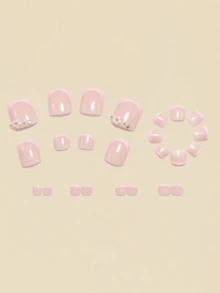 24pcs 3D Embossed Flower Nail & Toe Decoration Set, Pink Style False Nail Tips, Disposable Nail Stickers, Short Nails, Summer Nails, Y2K Style Nails - Baby Pink - View 3