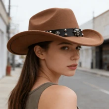 Retro Cowgirl Hat For Women Men Solid Color Wide Brim Western Cap With Rivet Cross Leather Belt - Khaki - View 5