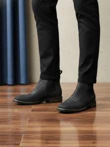 QRLQRL 1双男士新款复古弹力PU鞋面橡胶鞋底防滑舒适休闲皮靴 - 黑色 - 查看 3