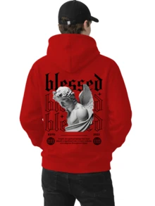 Men's Fleece Hoodie, Street Style,  Print, Statue Writing, Streetwear, Long Sleeve Hooded Sweatshirt, Unisex Jacket With Pocket. - 紅色 - 查看 1