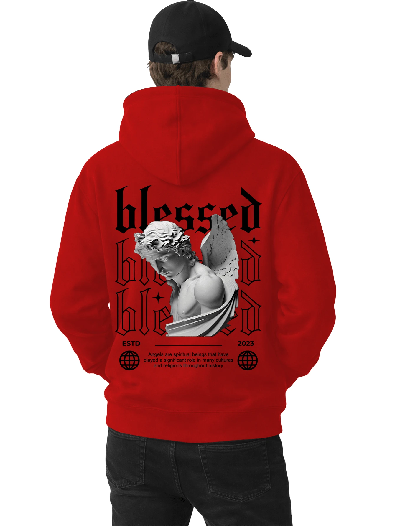 Men's Fleece Hoodie, Street Style, Print, Statue Writing, Streetwear, Long Sleeve Hooded Sweatshirt, Unisex Jacket With Pocket. - 紅色 - 查看 1