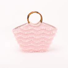 Women's Sweet Pink Ruffled Tulle Bamboo Handle Mini Tote Bag, Summer Fairy Style Vacation Top Handle Handbag - Pink - View 10