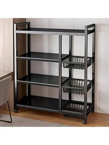 1pc Movable Storage Rack, Adjustable 4-Layer Kitchen Shelf With 3 Wire Baskets, Kitchen Organizer And Storage, Metal Shelf With Wheels, Suitable For Garage, Pantry, Bathroom, Closet, Greenhouse Gift New Home - 黑色 - 查看 10