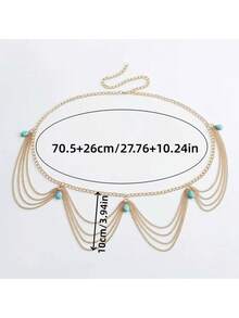 1pc Turquoise Chain Tassel Waist Chain, Fashionable Bohemian Vintage Sexy Waist Belt For Party, Holiday, Daily Wear, Gift - Gold - View 6