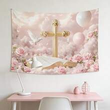 1pc Elegant Wedding & Baptism Banner With Cross  Bible Pink Rose - Clouds Balloons Suitable For Holy Communion, Christening, Wedding Decorations, Shower - 2D Flat Fabric Banner Decor, Photography Props, Durable Party Backdrop |   Outdoor Garden Decor | Party Decor, Holiday Decor, Background Cloth - Kiểu_1 - Xem 10