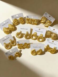 18 Pieces / Sets - 9 Pairs Of Fashionable Personalized Random Style Stainless Steel Earrings Set, Stainless Steel Gold-Plated Ear Studs, Ear Pendants, Low-Allergenic, Anti-Allergic Ear Studs, Gift For Classmates And Friends (Random Shipment) - Multicolor - View 1