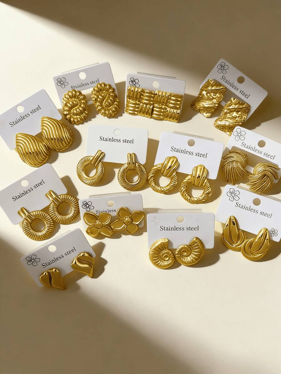 18 Pieces / Sets - 9 Pairs Of Fashionable Personalized Random Style Stainless Steel Earrings Set, Stainless Steel Gold-Plated Ear Studs, Ear Pendants, Low-Allergenic, Anti-Allergic Ear Studs, Gift For Classmates And Friends (Random Shipment) - Multicolor - View 1