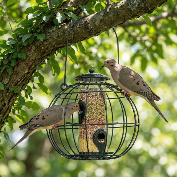 Comederos a prueba de ardillas para exteriores colgantes (verde metálico) Comedero de pájaros con 2 puertos, a prueba de mordeduras y resistente a la intemperie, regalo para el patio trasero