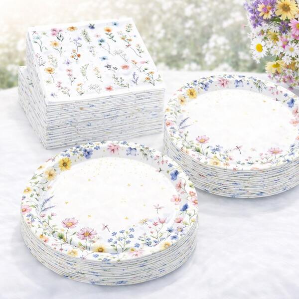 Juego de platos y servilletas de papel con diseño de flores silvestres, vajilla desechable floral, platos de papel de 9 pulgadas y 7 pulgadas con servilletas para fiesta de jardín, baby shower, cumpleaños, despedida de soltera