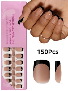 150pcs Rectangular French Manicure Nail Tips, Brown And Black French Soft Gel Nail Tips, Fake Nail Set, Suitable For DIY Manicure, Simple Multi-Purpose Style, 15 Sizes For Women - Coklat - View 7
