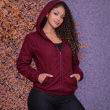 Women's Sports Jacket With Front Pockets And Hood - Burgundy - View 1