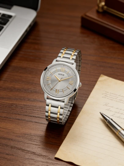Guess 这款女士石英表采用不锈钢材质，指针式设计，简约美学，超薄设计。适合日常佩戴，也是情人节或周年纪念日等场合的理想礼物。