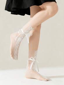 1 đôi tất lưới mỏng bằng lụa thủy tinh màu trắng/đen với nơ ren, thích hợp cho mùa xuân/hè. - Nhiều màu - Xem 8