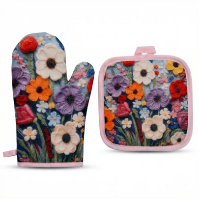 2pcs/Set Heat Resistant Oven Gloves & Pot Holders, Polyester Printed Embroidery Design, Suitable For Baking, Microwave, Kitchen, Dining Room