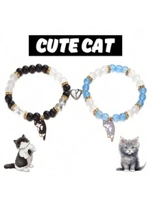 2 mặt dây chuyền hình mèo sáng tạo và đáng yêu. Vòng tay đôi đính hạt có khóa từ tính hình trái tim, vòng tay tình bạn mặt dây chuyền hình trái tim, quà tặng trang sức hình mèo con dễ thương. - Nhiều màu - Xem 10