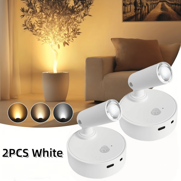 1pc/2pcs Wireless Induction Spotlights, 3-Color Adjustable LED Wall Lamp, Magnetic High-Efficiency Sensor Light, Battery Powered USB Rechargeable Wall Light, Suitable For Corridor, Bedroom, Painting, Art Exhibition And Indoor Plant Lighting