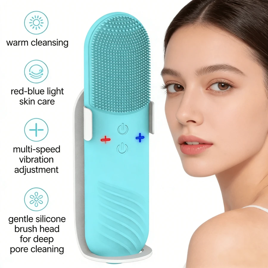 2-In-1 Electric Silicone Facial Cleanser With Red Blue Light Therapy, USB Rechargeable Portable Face Cleaning Brush Skin Care Beauty Massager For Home Personal Use - Xem 1