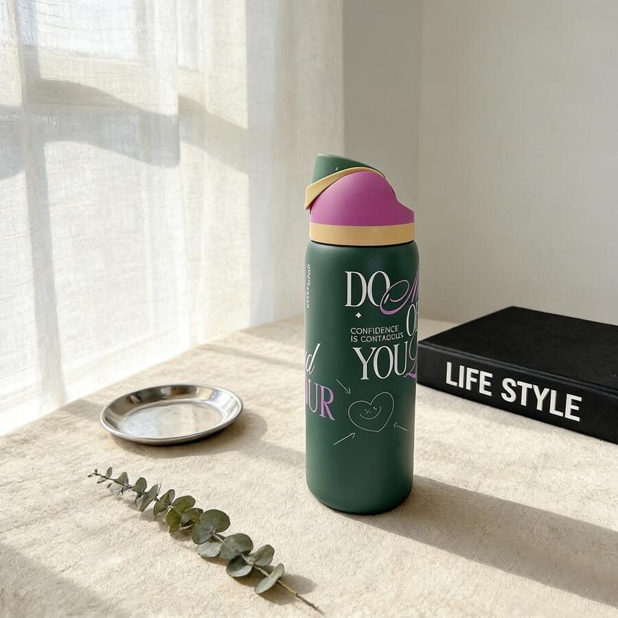 Owa Laaa Peach Water Bottle 32oz, 945ML, With Straw, Heat Preservation Time More Than 24 Hours, Cold And Hot Water Can Be Insulated, Can Make Coffee, Frozen Drinks, Exquisite Workmanship, Suitable For Camping, Work, Indoor And Outdoor Use. - 墨綠色 - 查看 1