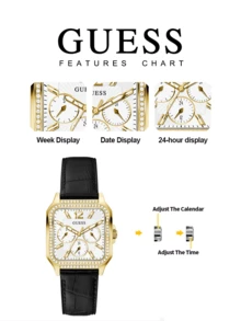 Guess GW0309L2 Women's Crystal Square Multifunctional Quartz Watch, Gold Case Black Crocodile Leather Strap, Elegant For Party And Daily Wear - Black - View 5