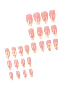 24pcs Summer Fresh Yellow Almond Shaped Fake Nails Set, Cute Floral Pattern, Metal Rhinestone Decor, French Glossy Nail Stickers, Make You Look Elegant And Charming, Suitable For Summer - Multicolor - View 4