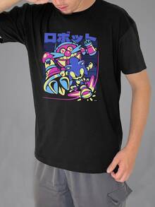 Soniic T-Shirt Cartoon Blue Hedgehog Game Video Game Geek Unisex Male Female 100% Cotton Top Premium Streetwear Launch Immediate Shipping Various Colors!! Plus Size - 黑色 - 查看 2