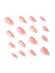 24pcs Summer Fresh Yellow Almond Shaped Fake Nails Set, Cute Floral Pattern, Metal Rhinestone Decor, French Glossy Nail Stickers, Make You Look Elegant And Charming, Suitable For Summer - Multicolor - View 2