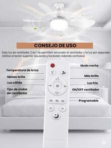 Ventilador de 3 Velocidades Ajustable a 3 Tonos De Luz Con Lámpara LED Socket Universal Alto Flujo de Aire Diseño Ergonómico para Combatir el Calor Refrescante Luces Brillantes Cálida, Neutral y Fría con 5 Aspas Duraderas  Material Resistente Control Elegante Incluido - Blanco - Ver 6