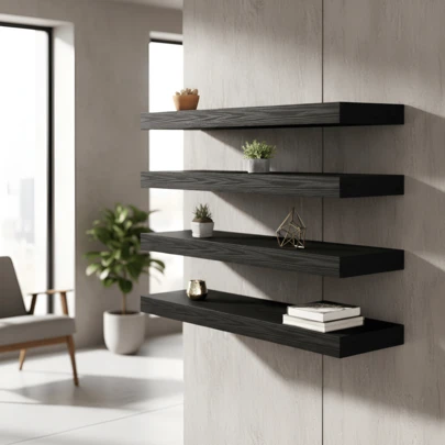 Repisas Flotantes Madera  4 Pack - Estantes Pared Negros 60/80x15cm, 10kg Capacidad para Baño, Dormitorio, Cocina, Almacenamiento y Decoración de Habitación