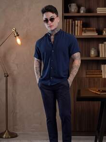 Men's Short Sleeve Shirt With Priest Collar, Lightweight, Work And Leisure - 中等水洗藍 - 查看 8