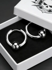 两只男士不锈钢银色耳环 - 銀色 - 查看 2