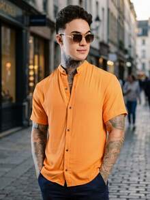 Men's Short Sleeve Shirt Elegant Casual Party Work - 橘色 - 查看 1