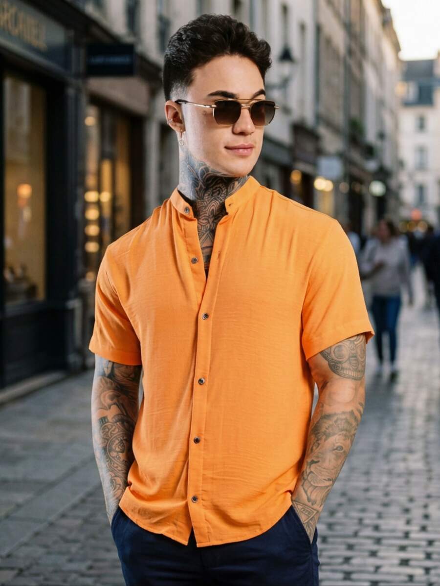 Men's Short Sleeve Shirt Elegant Casual Party Work - 橘色 - 查看 1