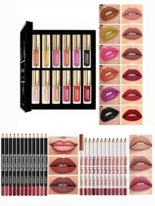 12-Piece Liquid Lipstick Set And 12/24-Piece Professional Lip Liner Combination, Matte Silky Lip Makeup Set, Suitable For Creating A Well-Defined Lip Effect, Long-Lasting Waterproof, Non-Stick Cup Lip Color, Women's Gift Set, Butterfly Shiny Shell, Is The Perfect Gift Choice For Christmas. Easter Gift - 新多色 - 查看 16