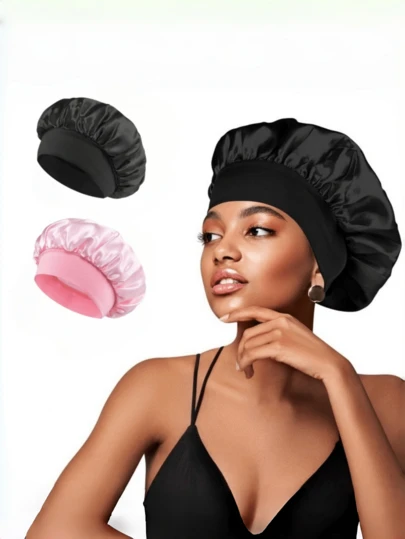 1pc/2pcs Silk Nightcap, Satin Hair Cap, Soft Elastic Band Silk Nightcap, Curly Hair Women Silk Hair Cap, Solid Color Wide-Brimmed Elastic Silk Satin Fashion Nightcap, Casual And Comfortable Soft Breathable Daily Style Hair Cap, Back To School Essential.