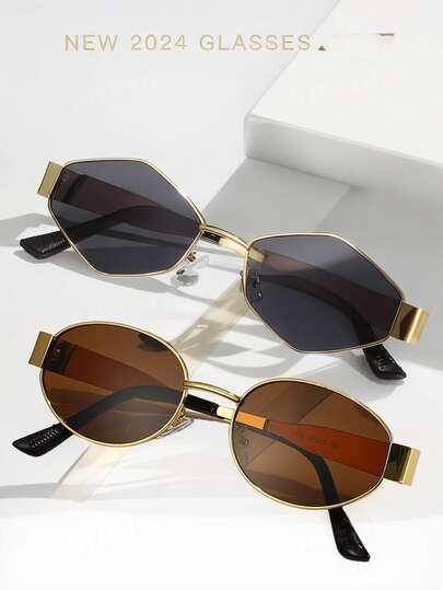 2 chiếc kính gọng kim loại hình oval và hình thoi kiểu retro, phong cách Bohemian thời trang dành cho nam và nữ, phù hợp để đeo hàng ngày, đi du lịch và đi biển.