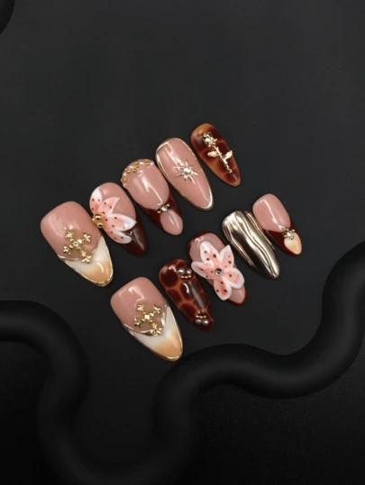 Handmade Nails Almond Shaped Retro-Style Metallic Rose Three-Dimensional Flower Press On Nails For Daily Wear