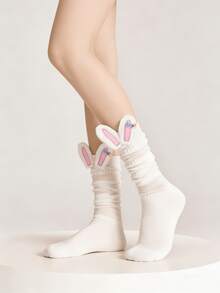 1 đôi tất cao đến đầu gối họa tiết tai thỏ dễ thương, ngọt ngào, đa năng cho mùa xuân. - Nhiều màu - Xem 1