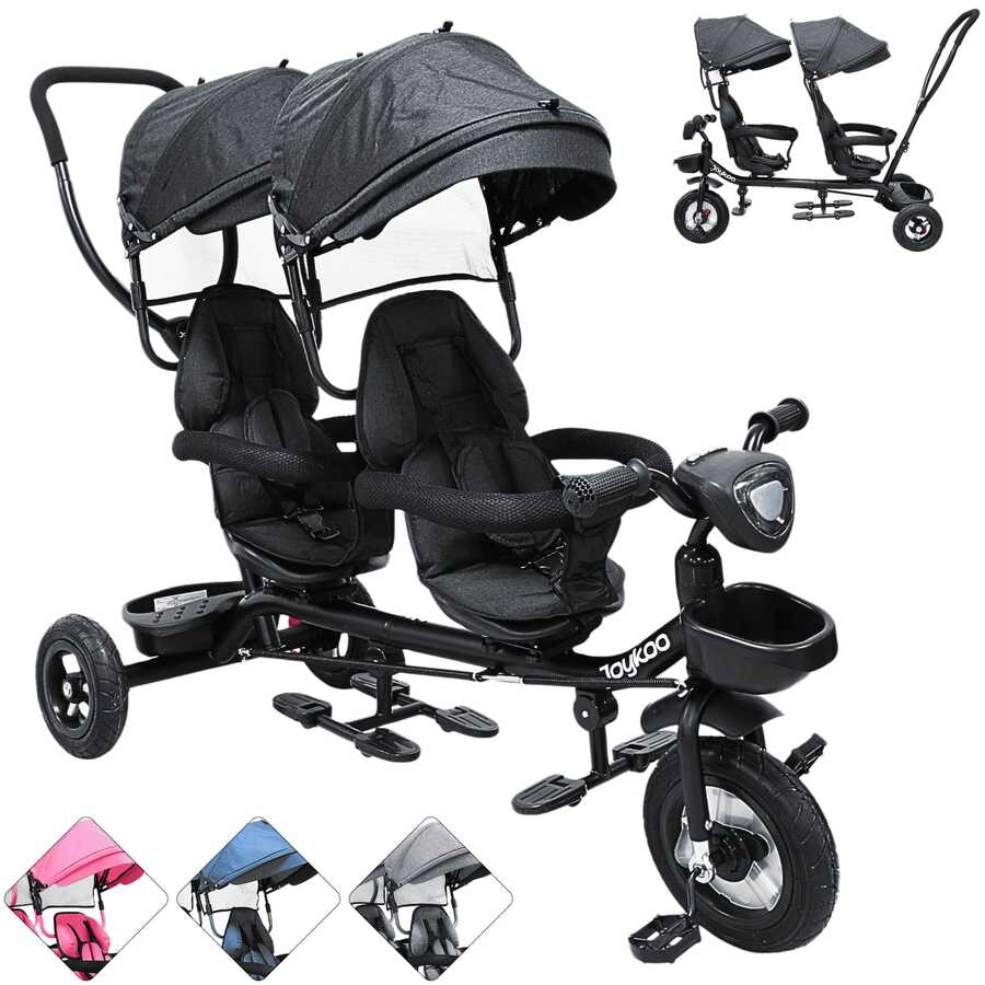 Joykoo Triciclo Doble para Niños Asiento Giratorio Gemelar Luz Sonido Cinturón de Segurida Llantas de Goma Apto a partir de 1 Año - Negro - Ver 1