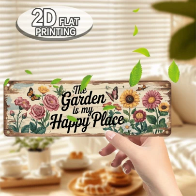 1 tấm trang trí in hình 2D bằng sắt phẳng, "Hạnh phúc khu vườn", đồ trang trí treo ngày lễ, trang trí nhà cửa, phong cách cổ điển, quà tặng cho người yêu thích làm vườn, quà tân gia, quà sinh nhật, thích hợp cho hiên nhà, phòng ngủ, văn phòng, sân vườn.