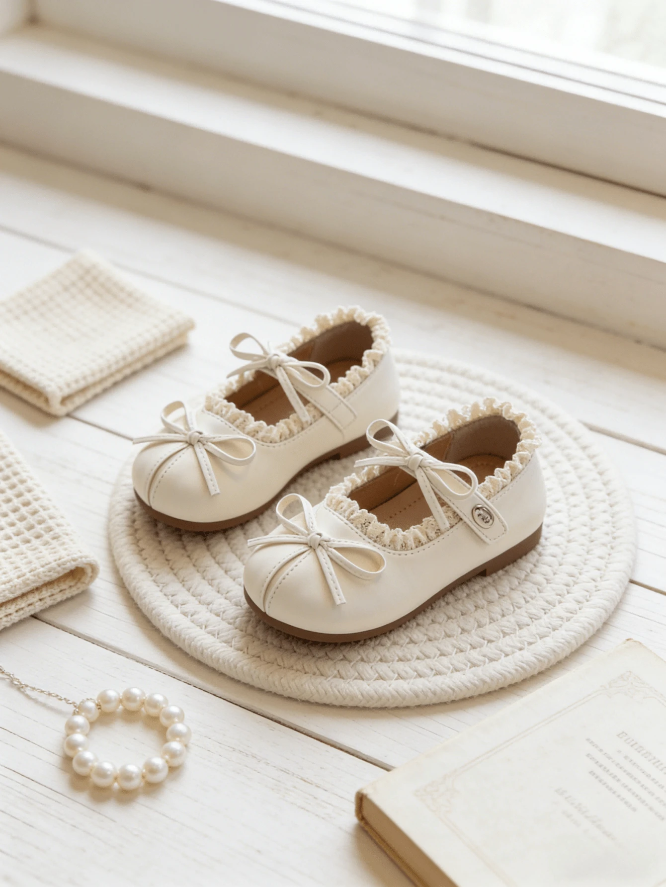 1双女童浅米色亮面PU底玛丽珍鞋,圆头设计,蕾丝鞋口,双蝴蝶结绑带,平底,温柔公主风,适合日常穿着、上学、生日派对等场合,2026年春夏款 - 米色 - 查看 1