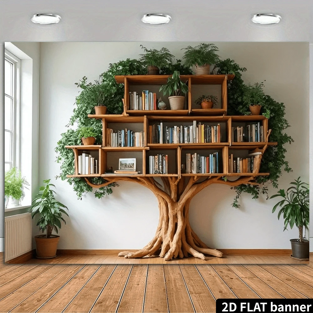 رف كتب خشبي على شكل شجرة مسطح ثنائي الأبعاد، بتصميم جذع شجرة وأرفف متعددة الطبقات مع نباتات خضراء، مناسب كخلفية للتصوير والديكور المنزلي والحفلات، للاستخدام الداخلي والخارجي، قابل لإعادة الاستخدام من قماش البوليستر بتصميم رف الكتب على شكل شجرة