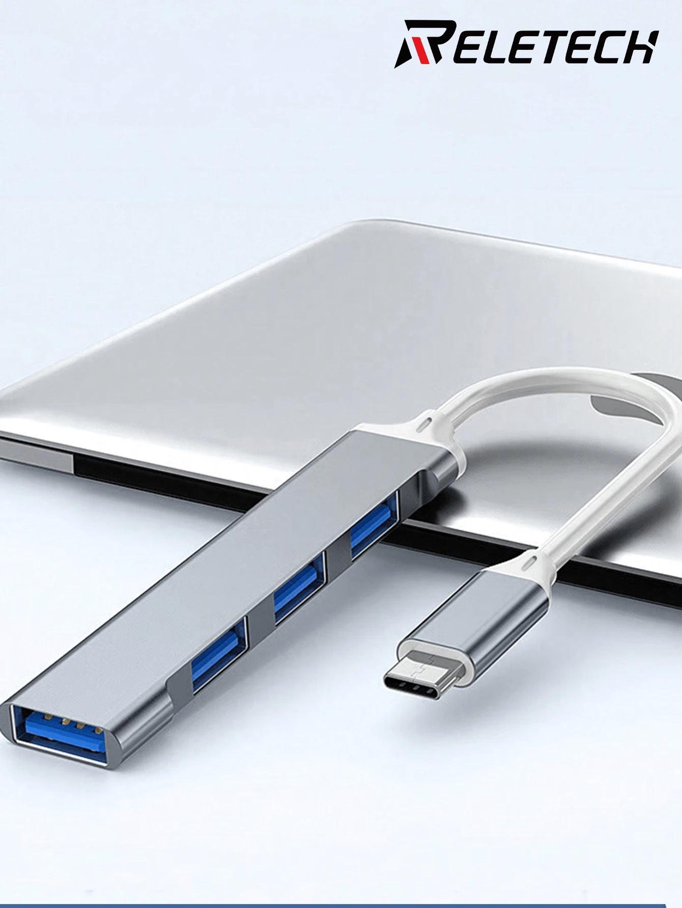 Reletech Type-C 集线器、USB-C 适配器、兼容苹果笔记本电脑的 3.0 分线器、4K 投影、PD 充电、四合一扩展坞 - 灰色 - 查看 1