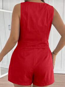 MICHLEE Women's Plus Size Set With Sleeveless Vest And Tailored Shorts - 紅1 - 查看 3